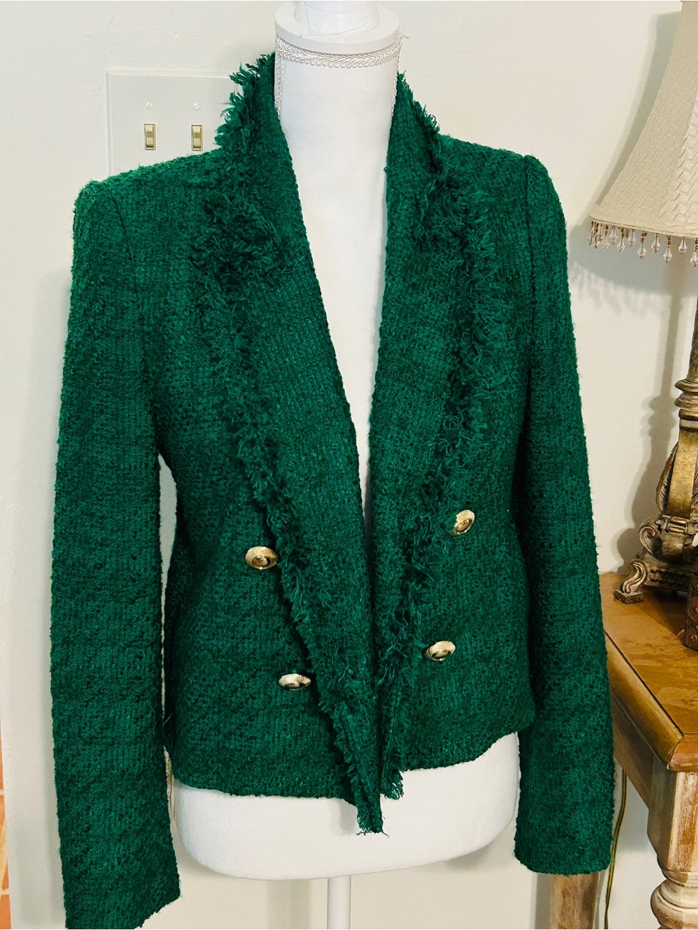 Zara Dark Emerald Bouclé Double-Breasted Blazer